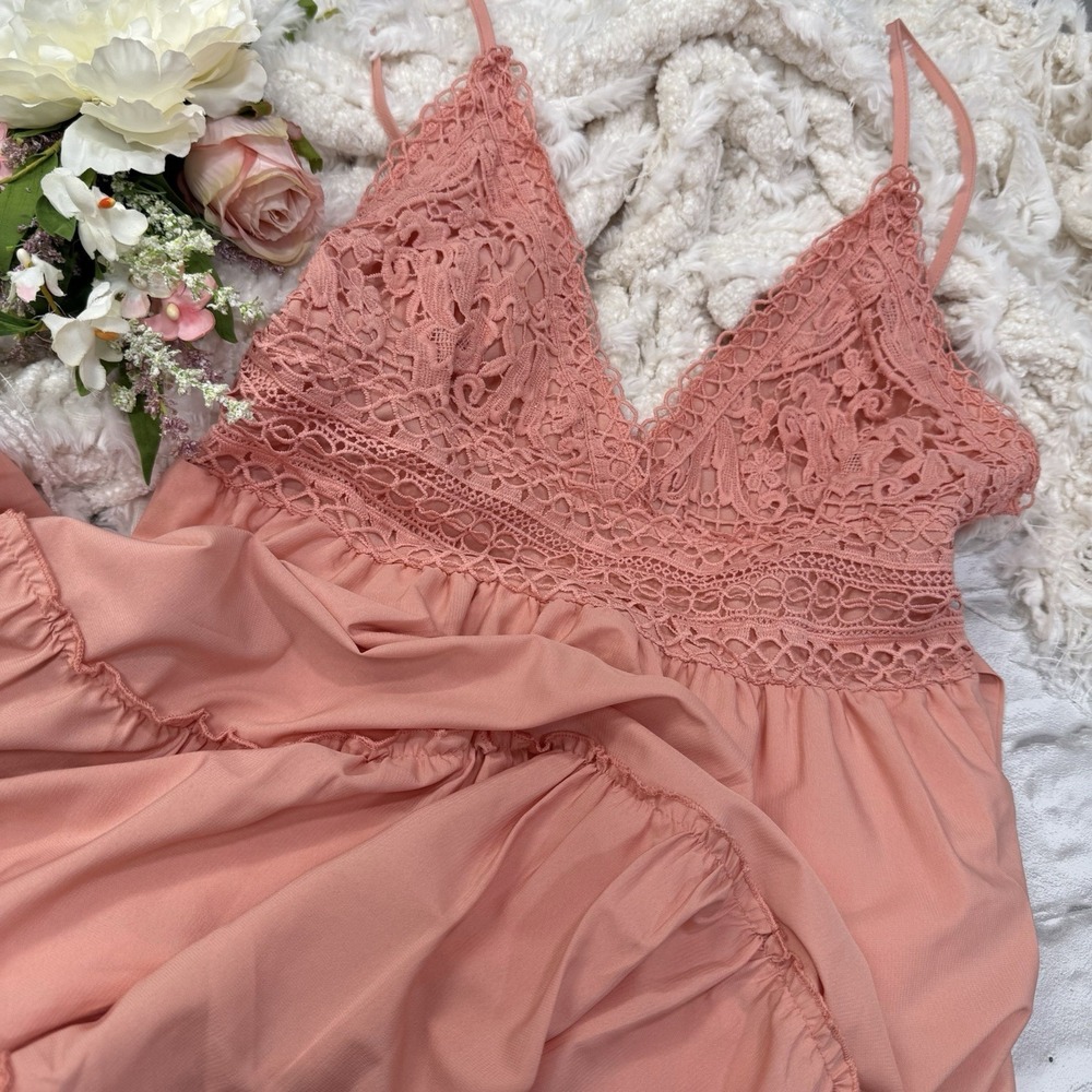 Crochet Lolita Coral Pink Dress XL Babydoll Milkmaid Cottagecore Festival Dress